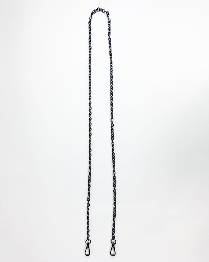 Gunmetal metal chain strap on a light grey background