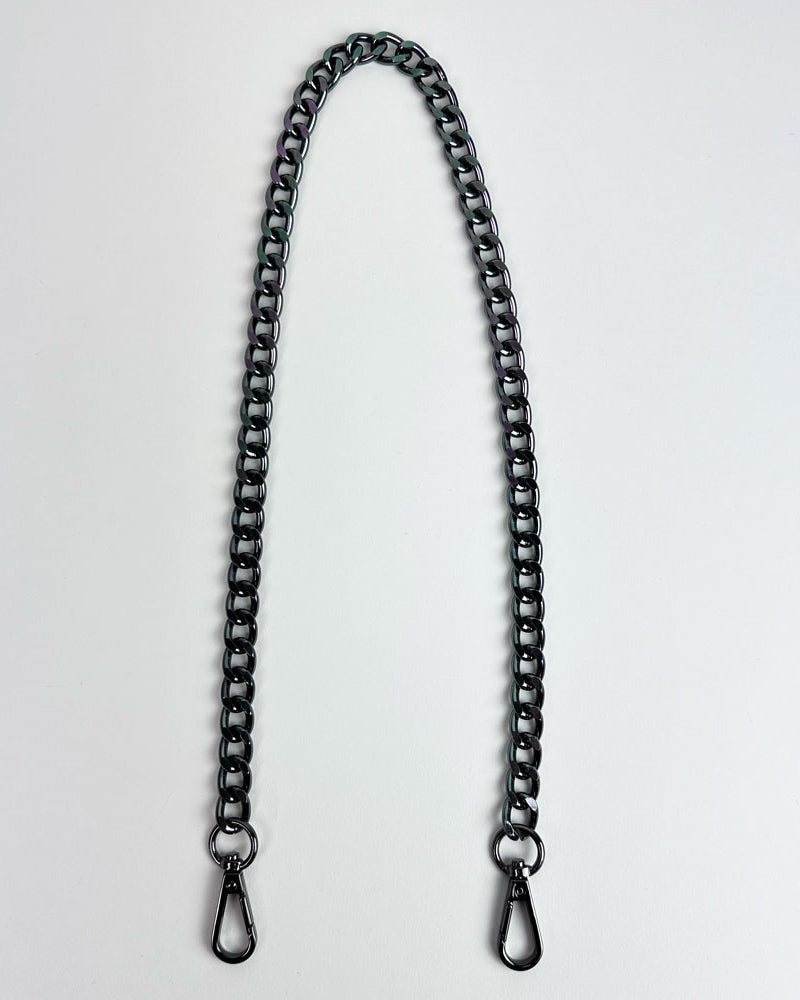 Gunmetal metal chain bag strap on a light grey background