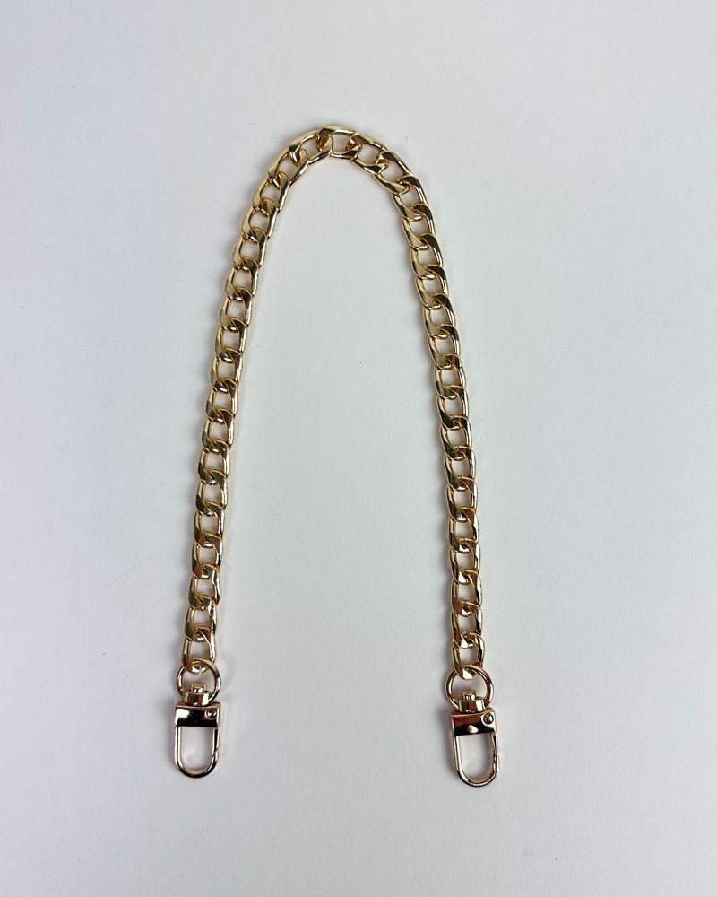A gold chain short strap with gold hardware on a light grey background.