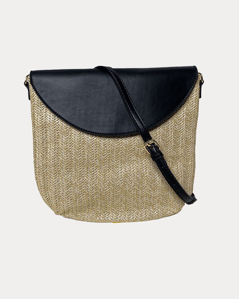 Camilla Raffia Crossbody in Black shown with crossbody strap