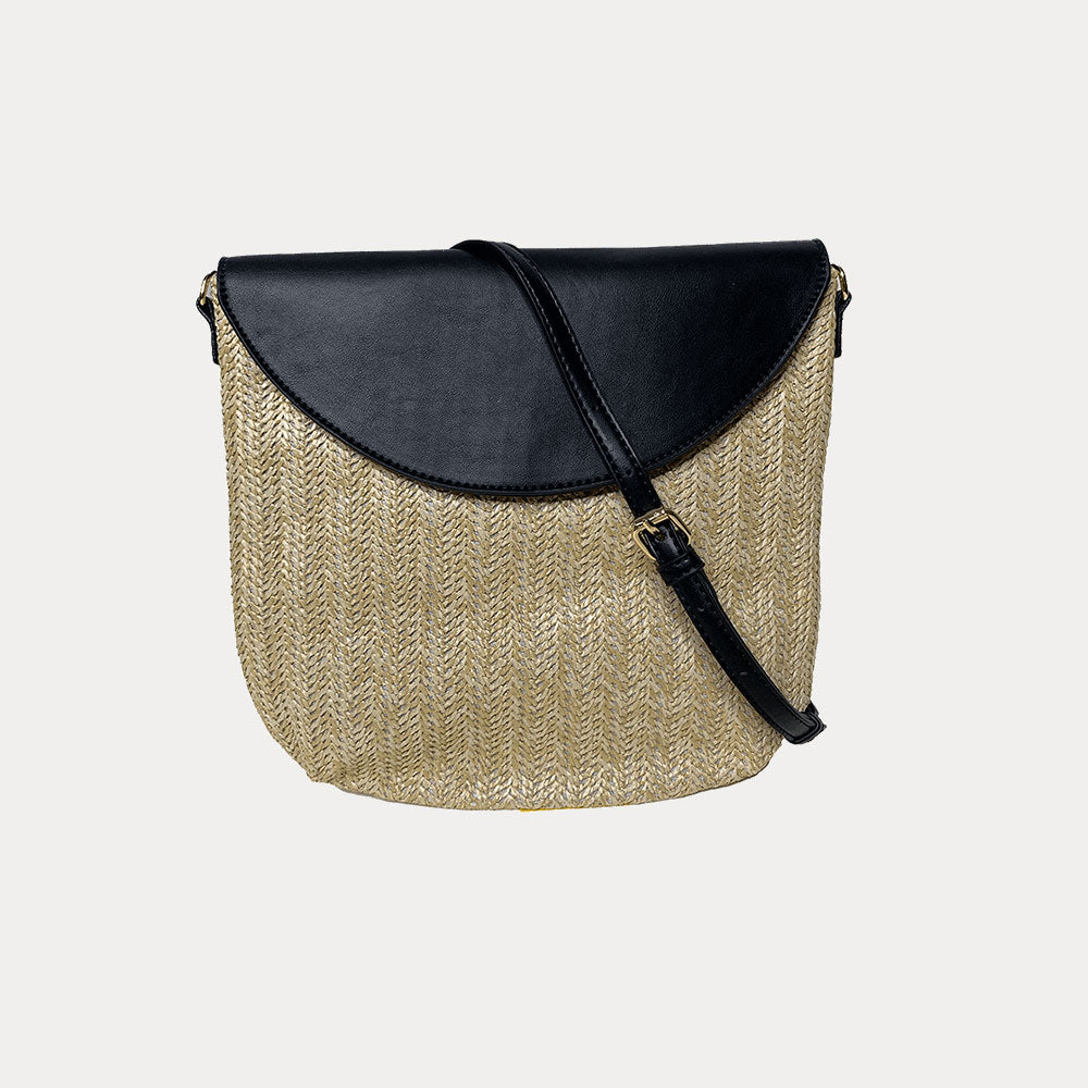 Camilla Raffia Crossbody in Black shown with crossbody strap