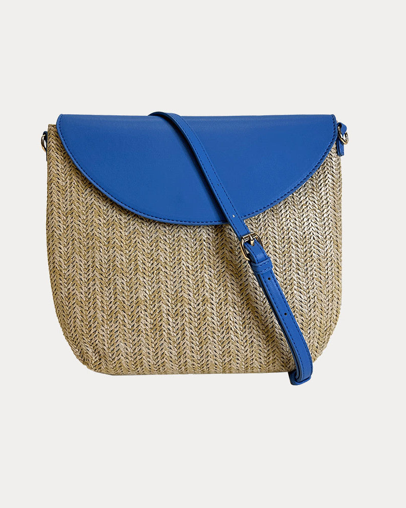 Camilla Raffia Crossbody in Blue shown with crossbody strap