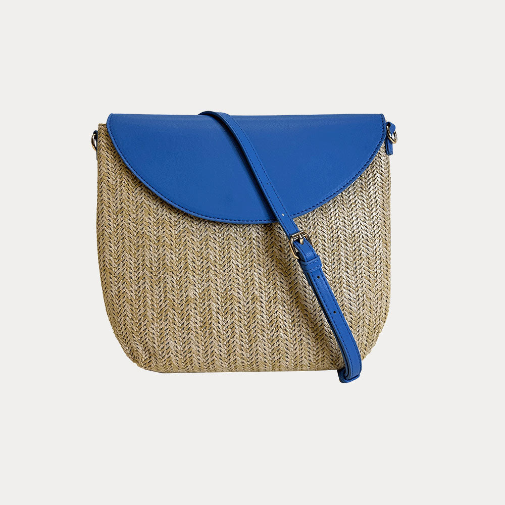 Camilla Raffia Crossbody in Blue shown with crossbody strap