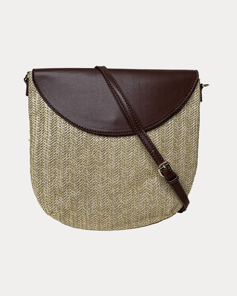 Camilla Raffia Crossbody in Brown shown with crossbody strap