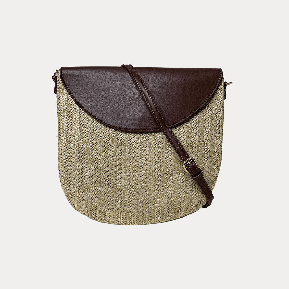 Camilla Raffia Crossbody in Brown shown with crossbody strap
