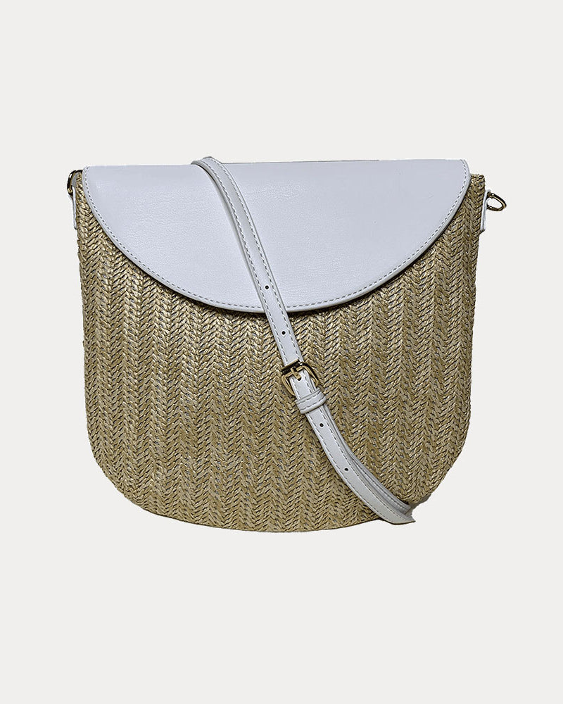 Camilla Raffia Crossbody in White shown with crossbody strap