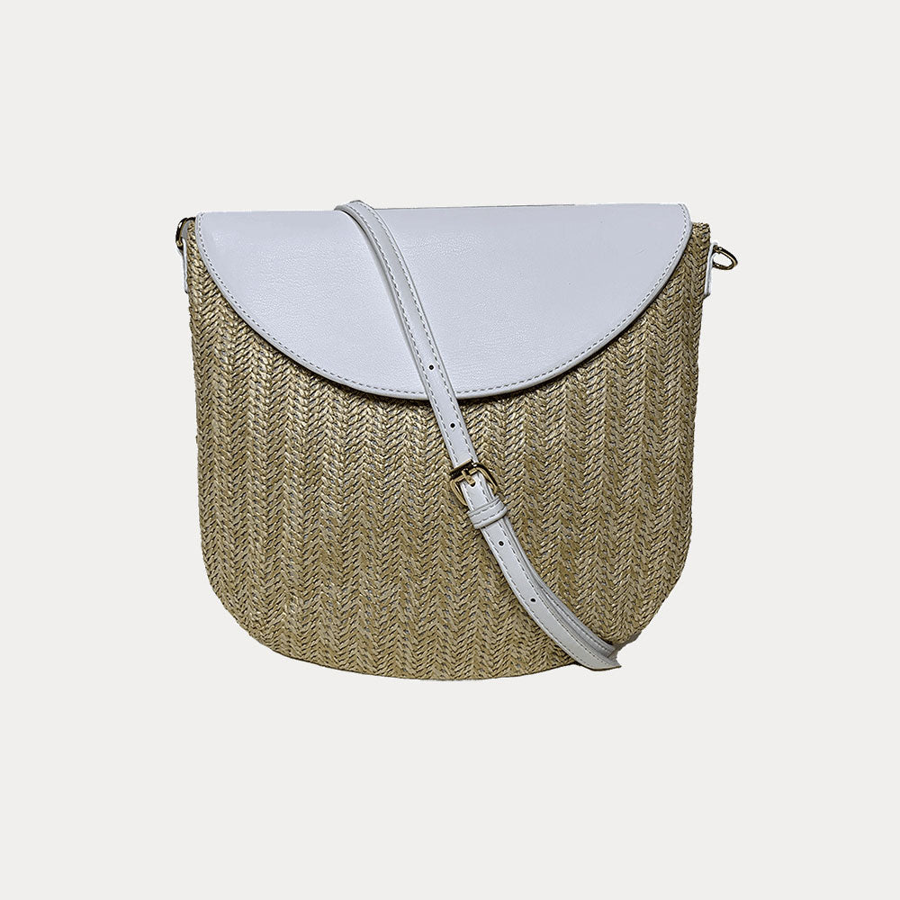 Camilla Raffia Crossbody in White shown with crossbody strap