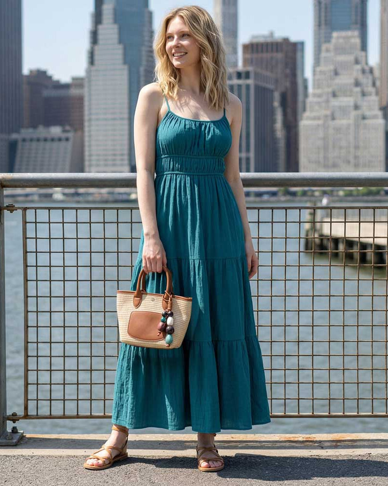 Woman in a teal dress holding a raffia tote with a city skyline in the background