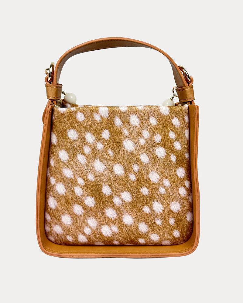 Handbag with Deer Print and Camel Vegan Leather Details with Cream Bead Trim. Back View