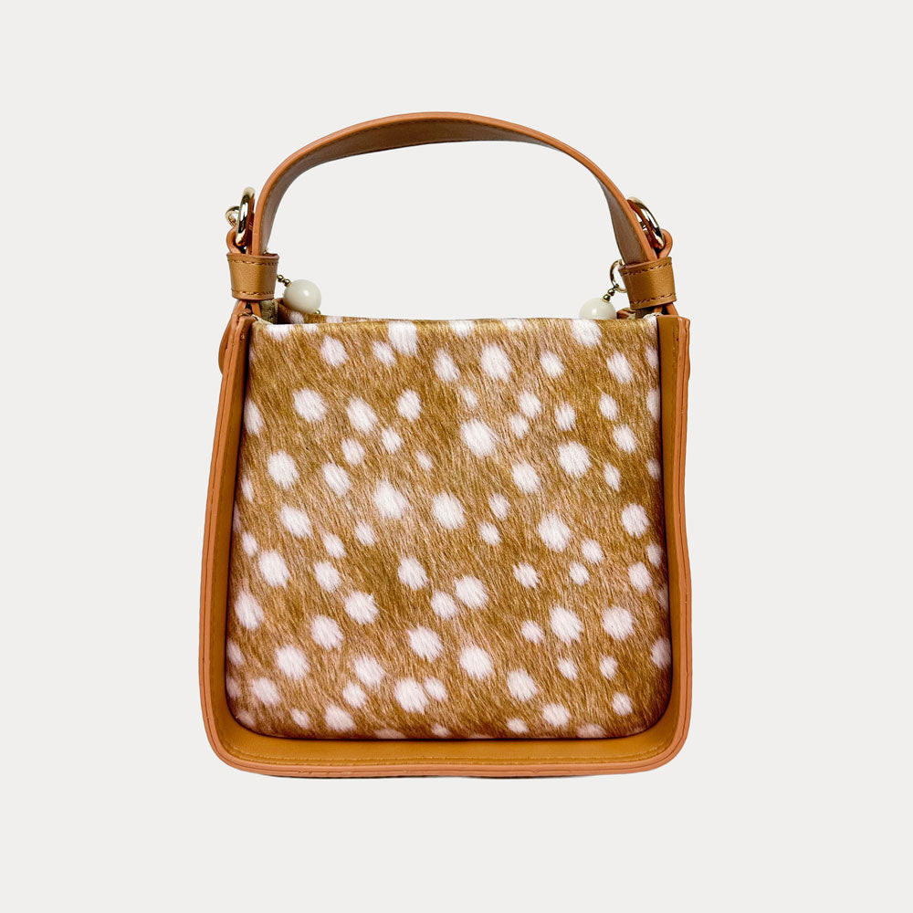 Handbag with Deer Print and Camel Vegan Leather Details with Cream Bead Trim. Back View