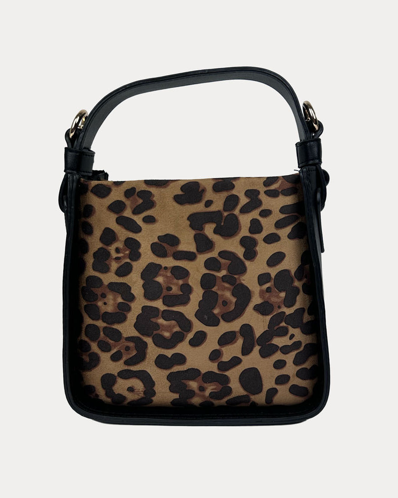 Handbag with Leopard Print and Black Vegan Leather Details with Black Bead Trim. Back View