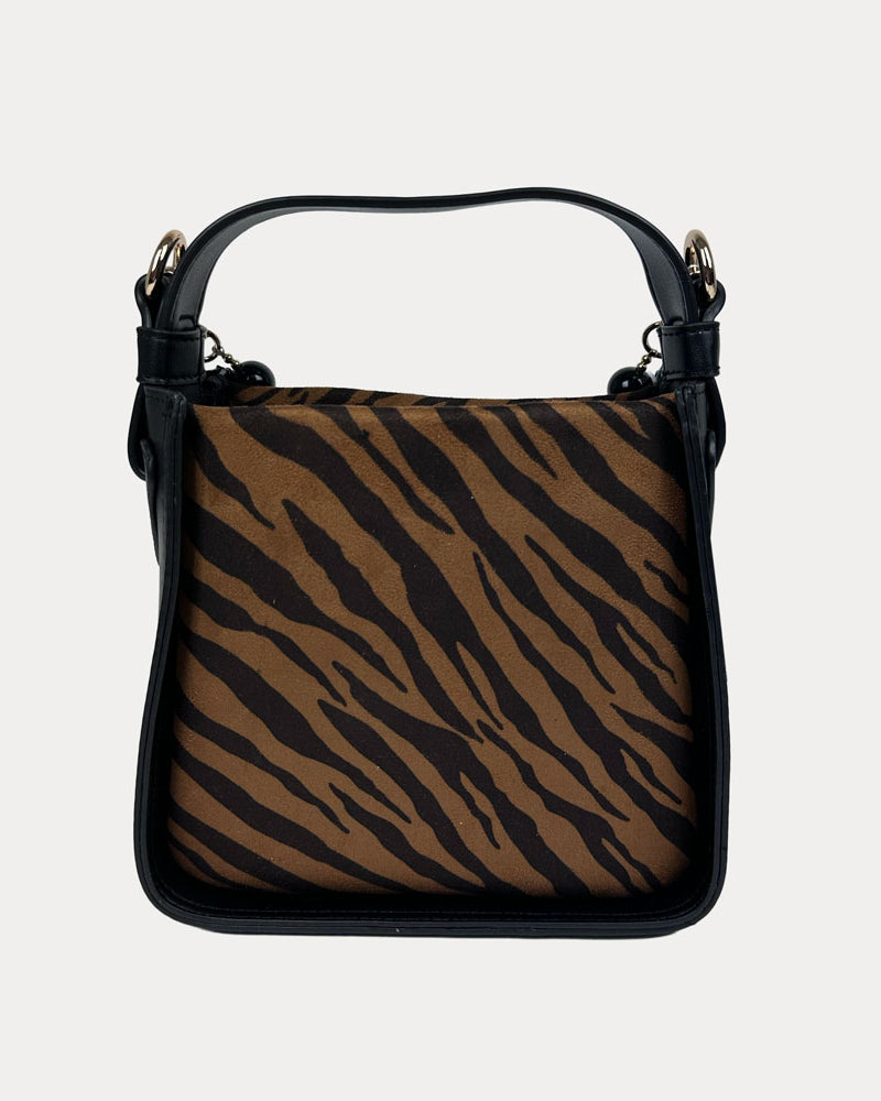 Handbag with Zebra Print and Black Vegan Leather Details with Black Bead Trim. Back View