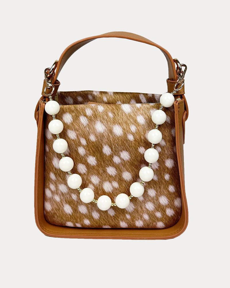 Handbag with Deer Print and Camel Vegan Leather Details with Cream Bead Trim. Front View