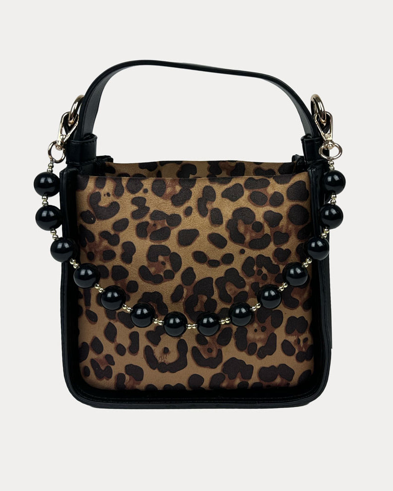 Handbag with Leopard Print and Black Vegan Leather Details with Black Bead Trim. Front View