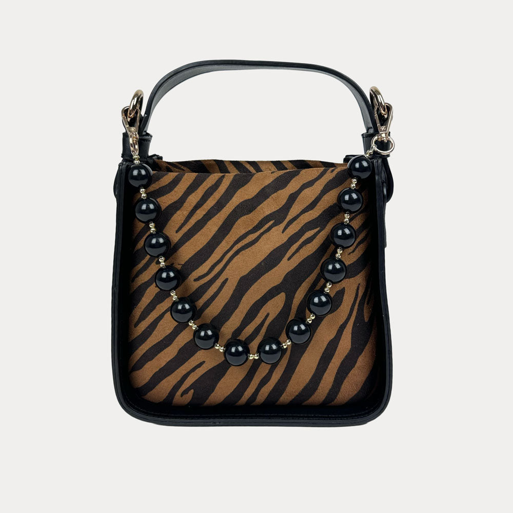 Handbag with Zebra Print and Black Vegan Leather Details with Black Bead Trim. Front View