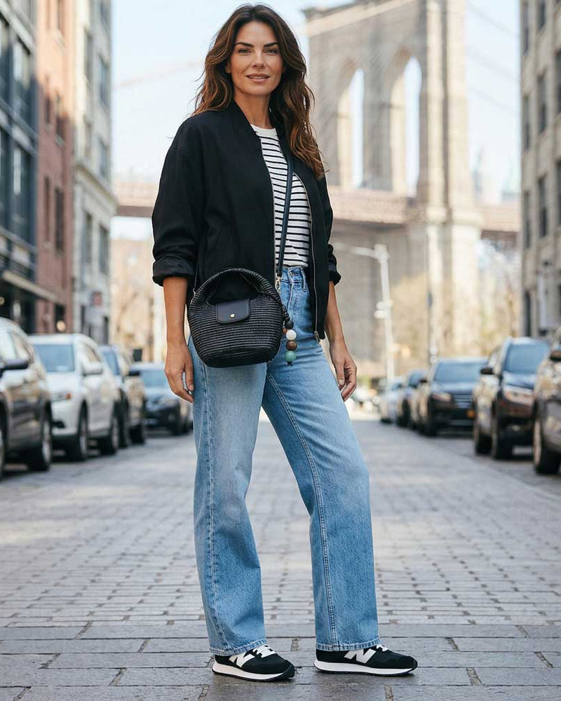 Woman in black jacket, striped shirt, blue jeans, and black raffia bag standing on a city street with the Brooklyn Bridge in the background.