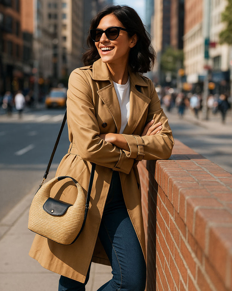 Woman in a tan coat and sunglasses standing on a city street with a raffia handbag.