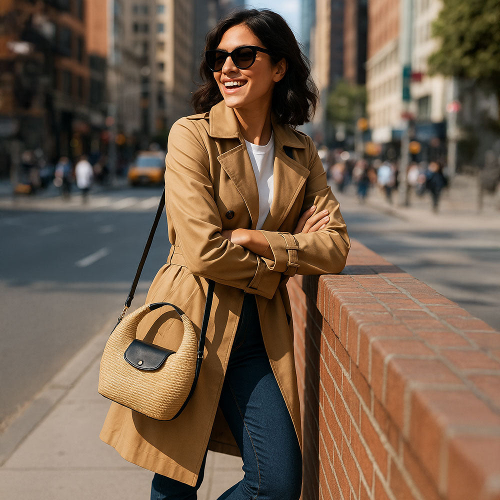 Woman in a tan coat and sunglasses standing on a city street with a raffia handbag.