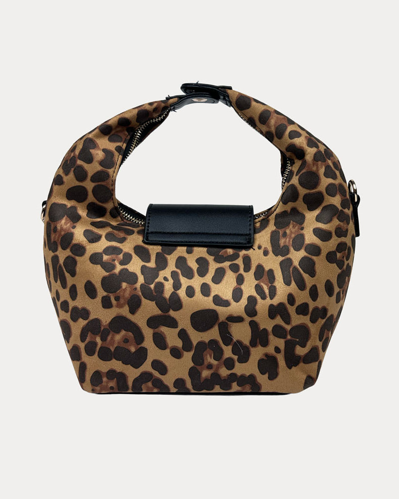 Handbag with leopard print and black leather accents on a light gray background- Back View
