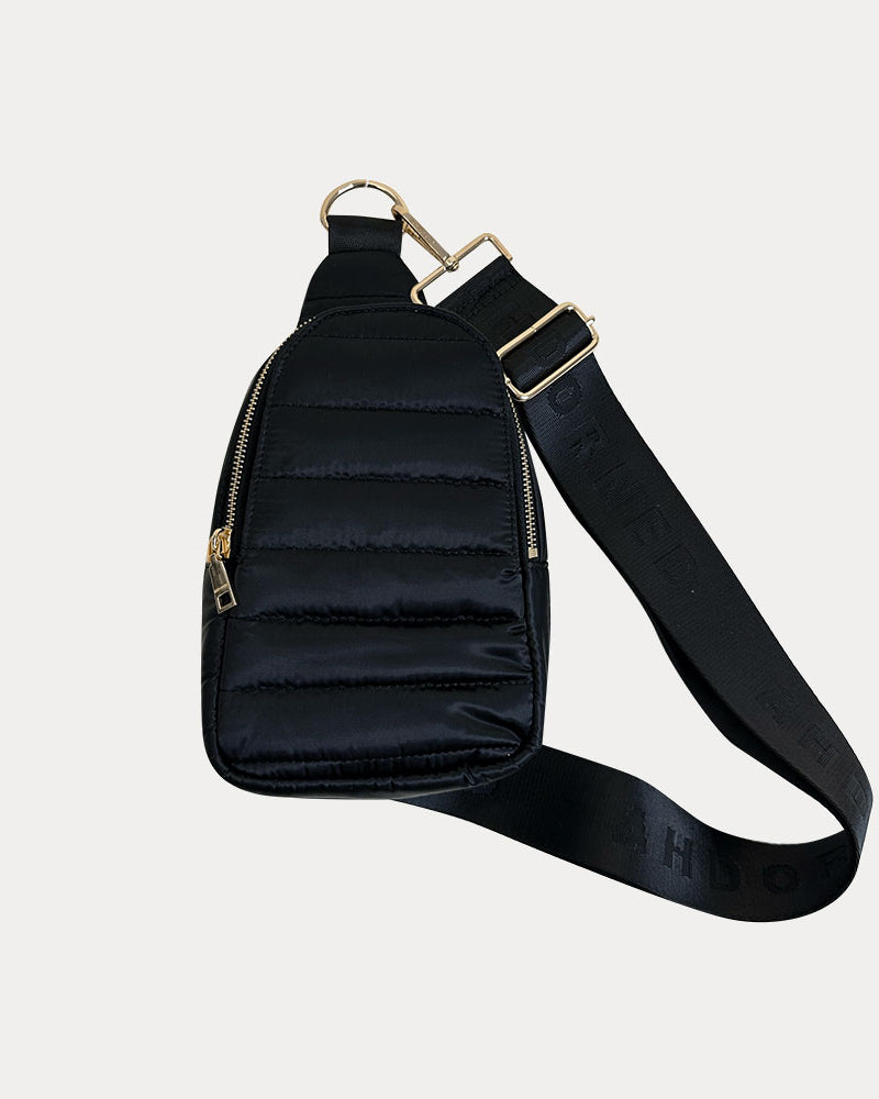 Eliza Quilted Nylon Sling in Black, shown with bag strap