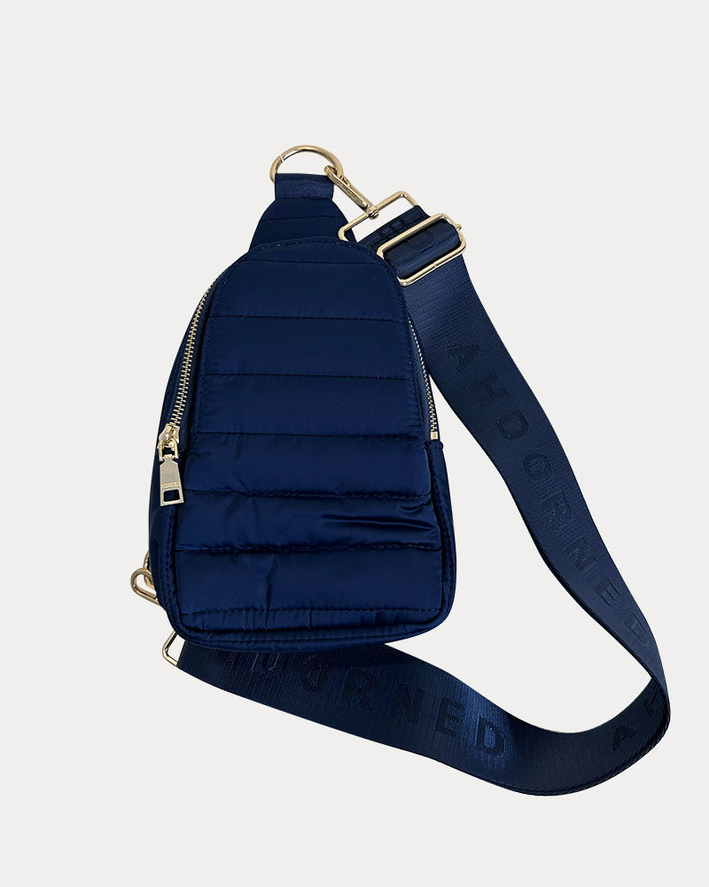Eliza Quilted Nylon Sling in Navy shown with bag strap