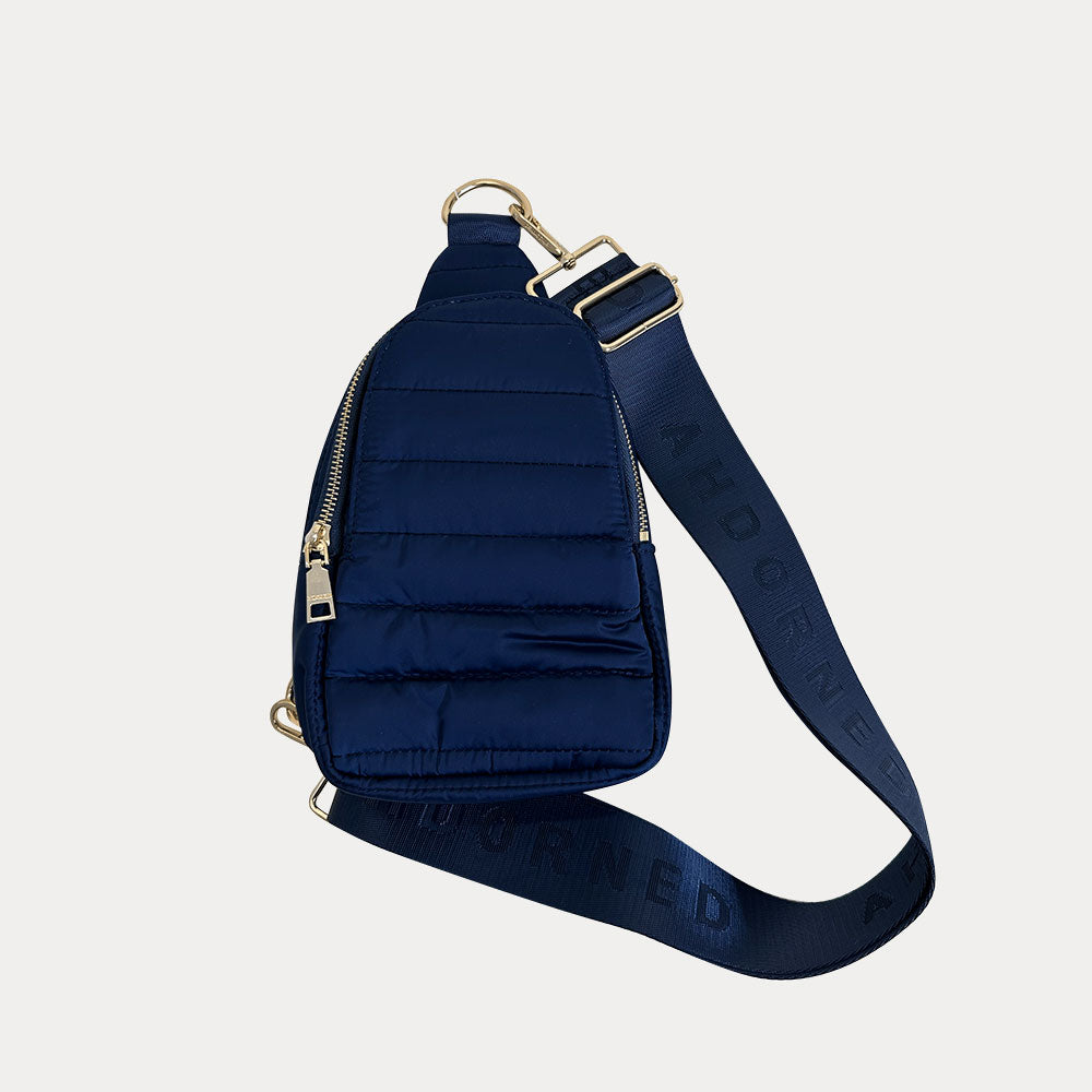 Eliza Quilted Nylon Sling in Navy shown with bag strap
