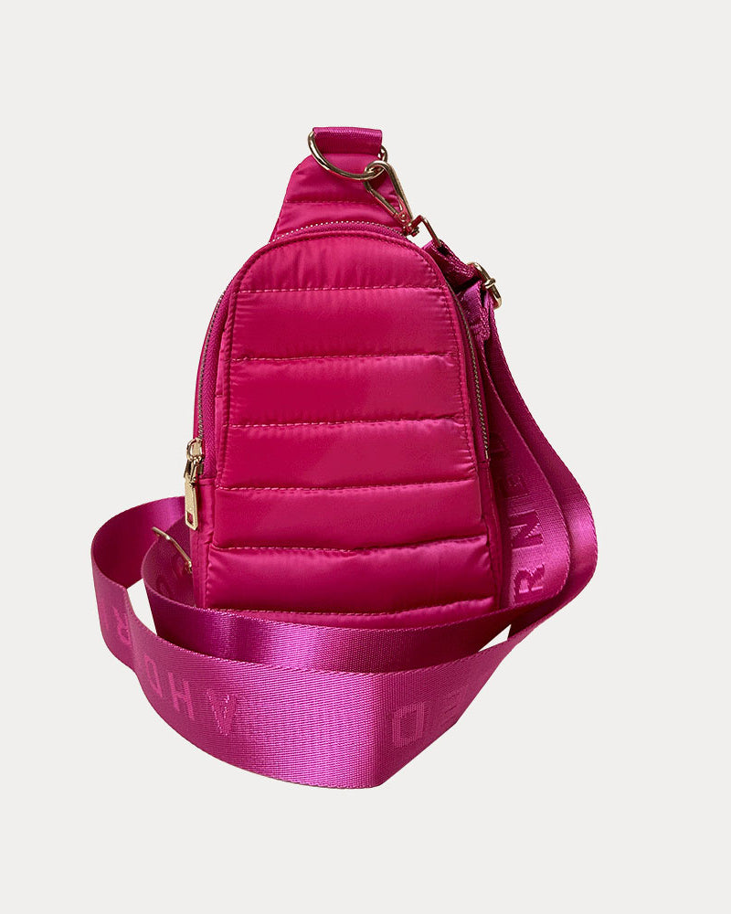 Eliza Quilted Nylon Sling in Pink, shown with bag strap
