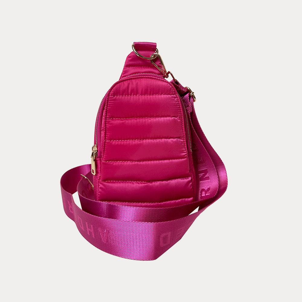 Eliza Quilted Nylon Sling in Pink, shown with bag strap