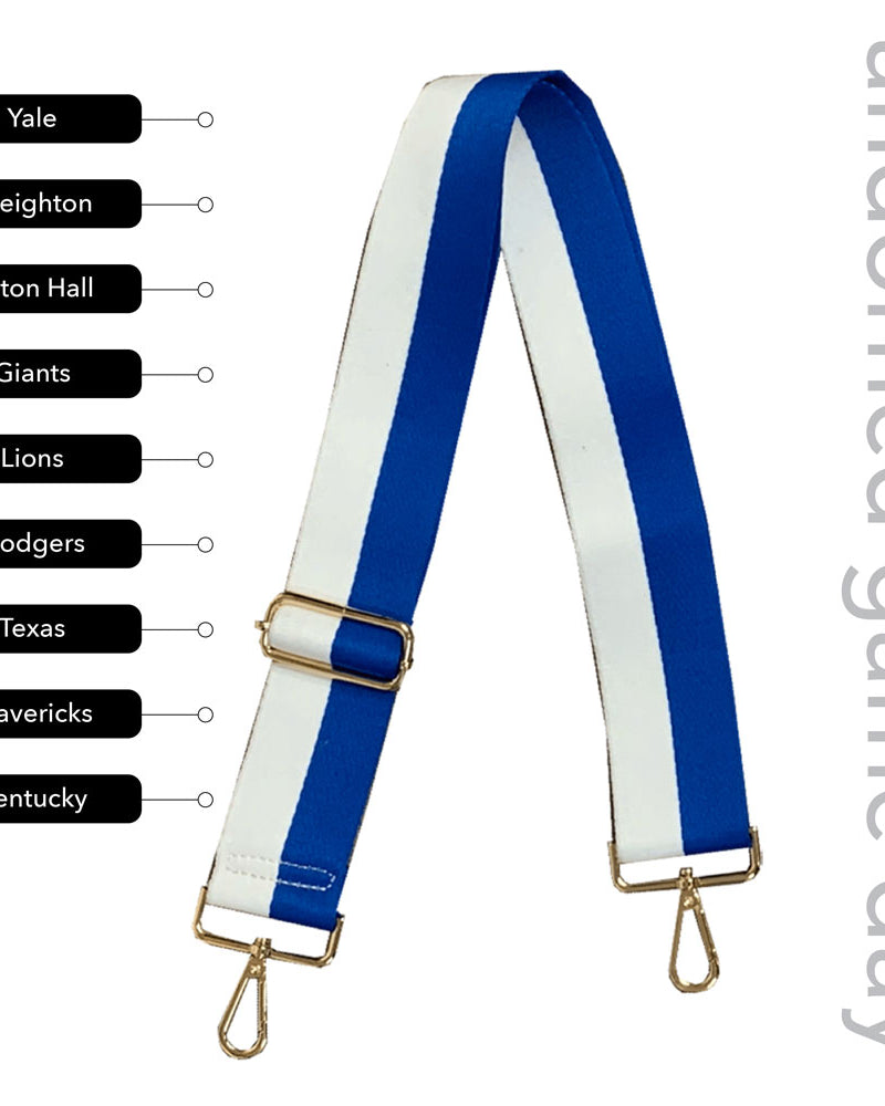 Royal & White Striped Game Day Bag Strap, text says "ahdorned game day, Yale, Creighton, Seton Hall, Giants, Lions, Dodgers, Texas, Mavericks, Kentucky"