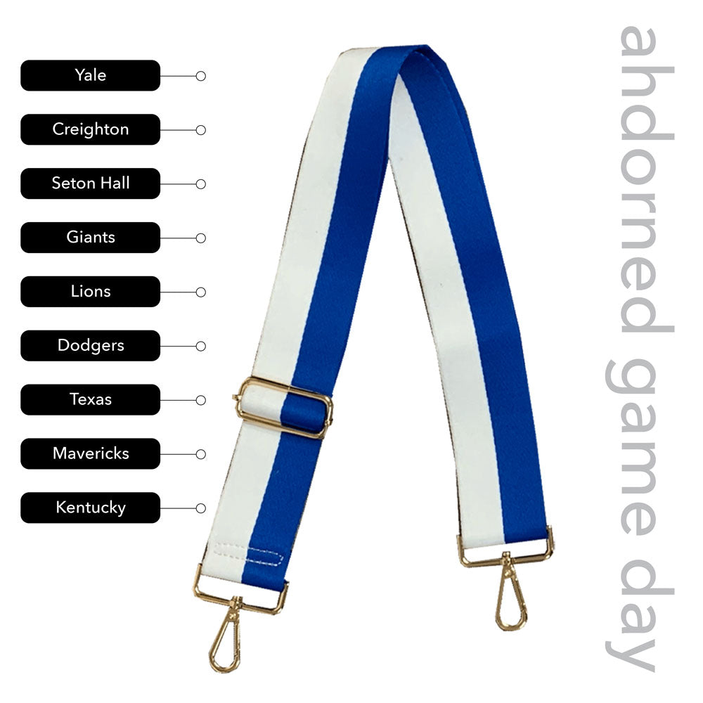 Royal & White Striped Game Day Bag Strap, text says "ahdorned game day, Yale, Creighton, Seton Hall, Giants, Lions, Dodgers, Texas, Mavericks, Kentucky"