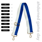 Royal & White Striped Game Day Bag Strap, text says "ahdorned game day, Yale, Creighton, Seton Hall, Giants, Lions, Dodgers, Texas, Mavericks, Kentucky"