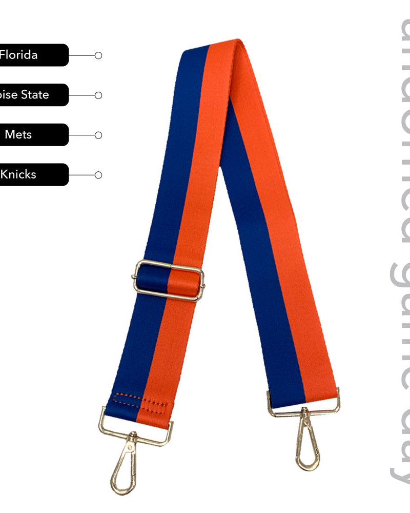 Blue & Orange Striped Game Day Bag Strap, text says "ahdorned game day, Florida, Boise State, Mets, Knicks"