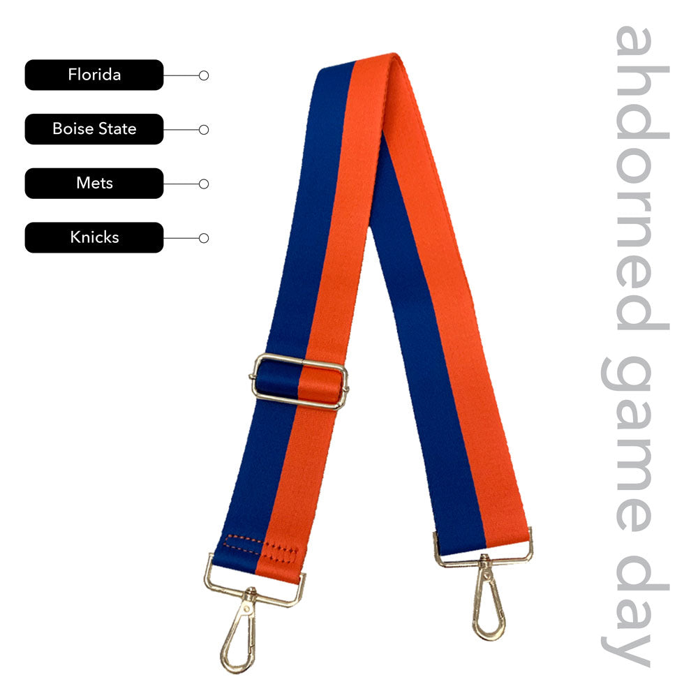 Blue & Orange Striped Game Day Bag Strap, text says "ahdorned game day, Florida, Boise State, Mets, Knicks"