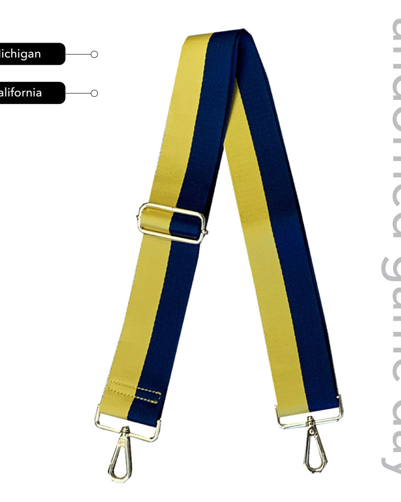Maize & Blue Striped Game Day Bag Strap, text says "ahdorned game day, Michigan, California"