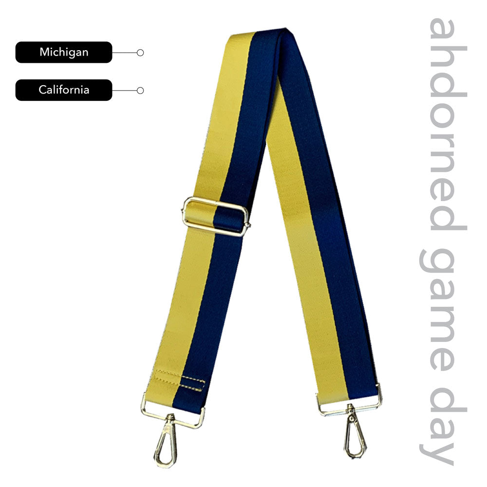 Maize & Blue Striped Game Day Bag Strap, text says "ahdorned game day, Michigan, California"
