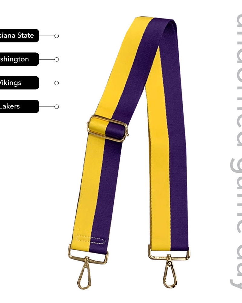 Yellow & Purple Striped Game Day Bag Strap, text says "ahdorned game day, Louisiana State, Washington, Vikings, Lakers"
