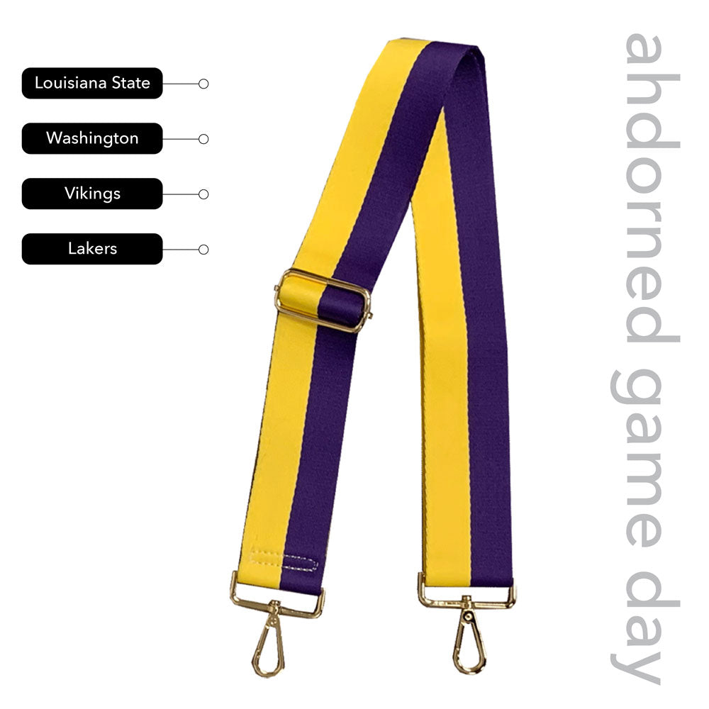 Yellow & Purple Striped Game Day Bag Strap, text says "ahdorned game day, Louisiana State, Washington, Vikings, Lakers"