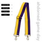 Yellow & Purple Striped Game Day Bag Strap, text says "ahdorned game day, Louisiana State, Washington, Vikings, Lakers"