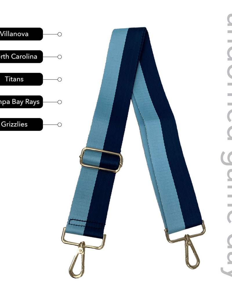Light Blue & Navy Striped Game Day Bag Strap, text says "ahdorned game day, Villanova, North Carolina, Titans, Tampa Bay Rays, Grizzlies"