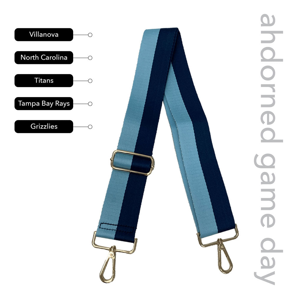 Light Blue & Navy Striped Game Day Bag Strap, text says "ahdorned game day, Villanova, North Carolina, Titans, Tampa Bay Rays, Grizzlies"