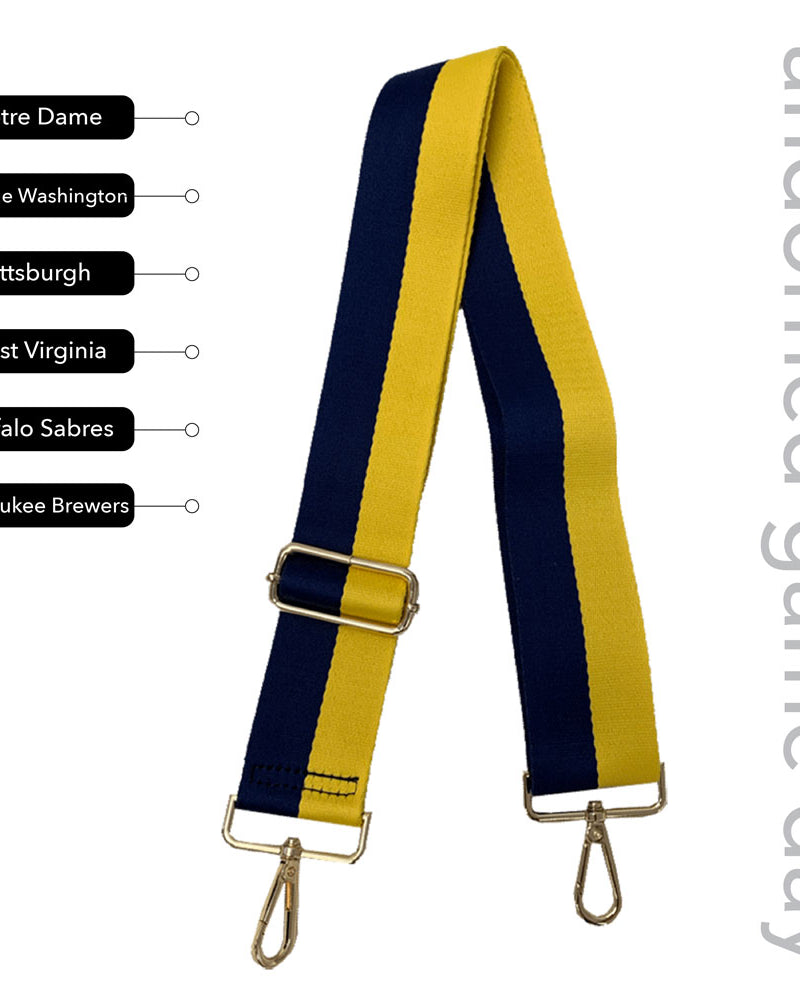 Blue & Gold Striped Game Day Bag Strap, text says "ahdorned game day, Notre Dame, George Washington, Pittsburg, West Virginia, Buffalo Sabres, Milwaukee Brewers"