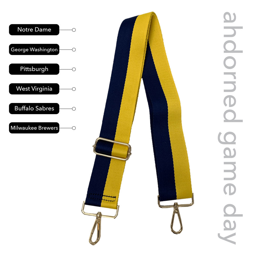 Blue & Gold Striped Game Day Bag Strap, text says "ahdorned game day, Notre Dame, George Washington, Pittsburg, West Virginia, Buffalo Sabres, Milwaukee Brewers"