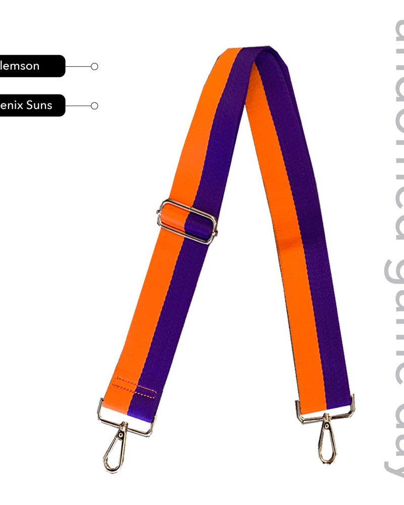Orange & Purple Striped Game Day Bag Strap, text says "ahdorned game day, Clemson, Phoenix Suns"