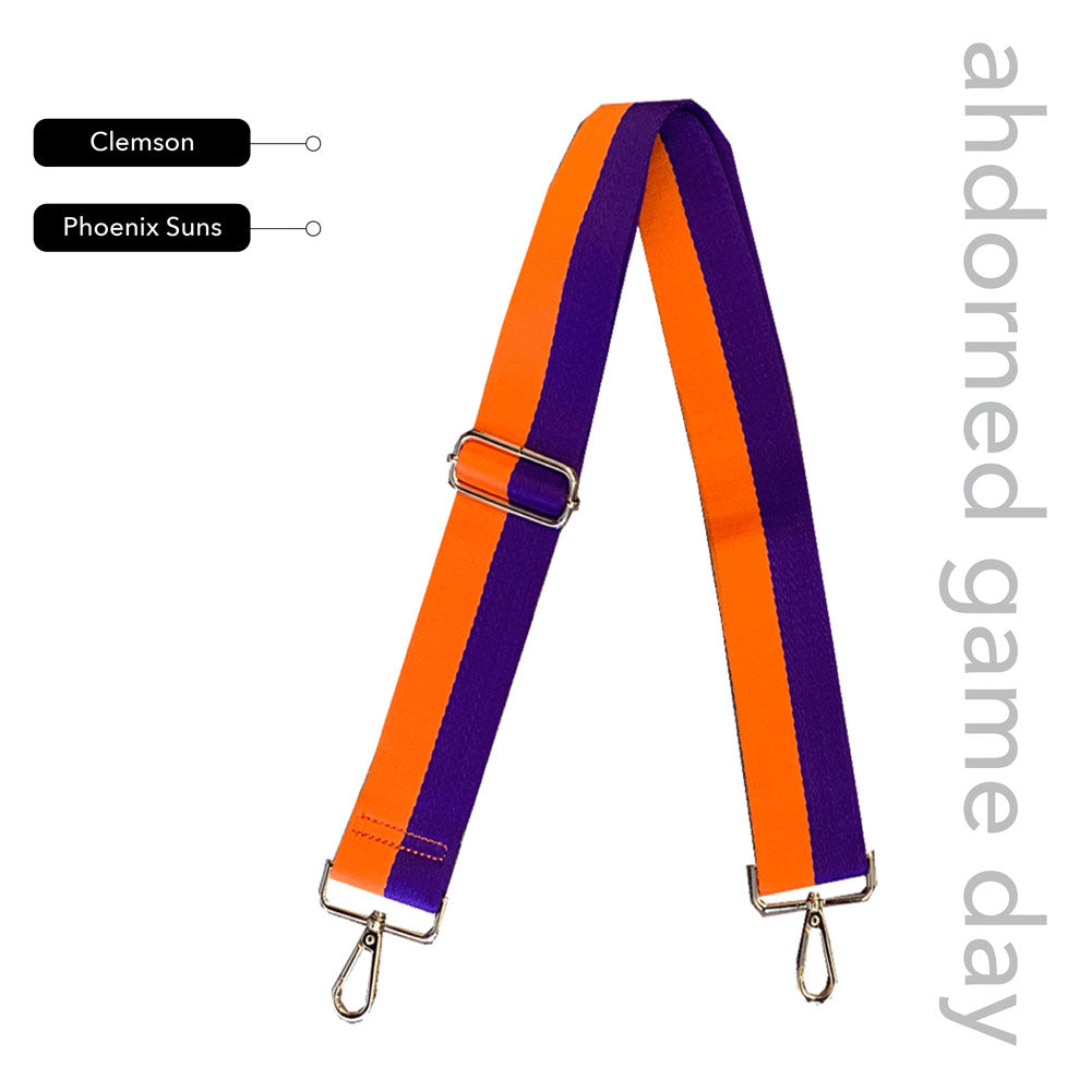 Orange & Purple Striped Game Day Bag Strap, text says "ahdorned game day, Clemson, Phoenix Suns"