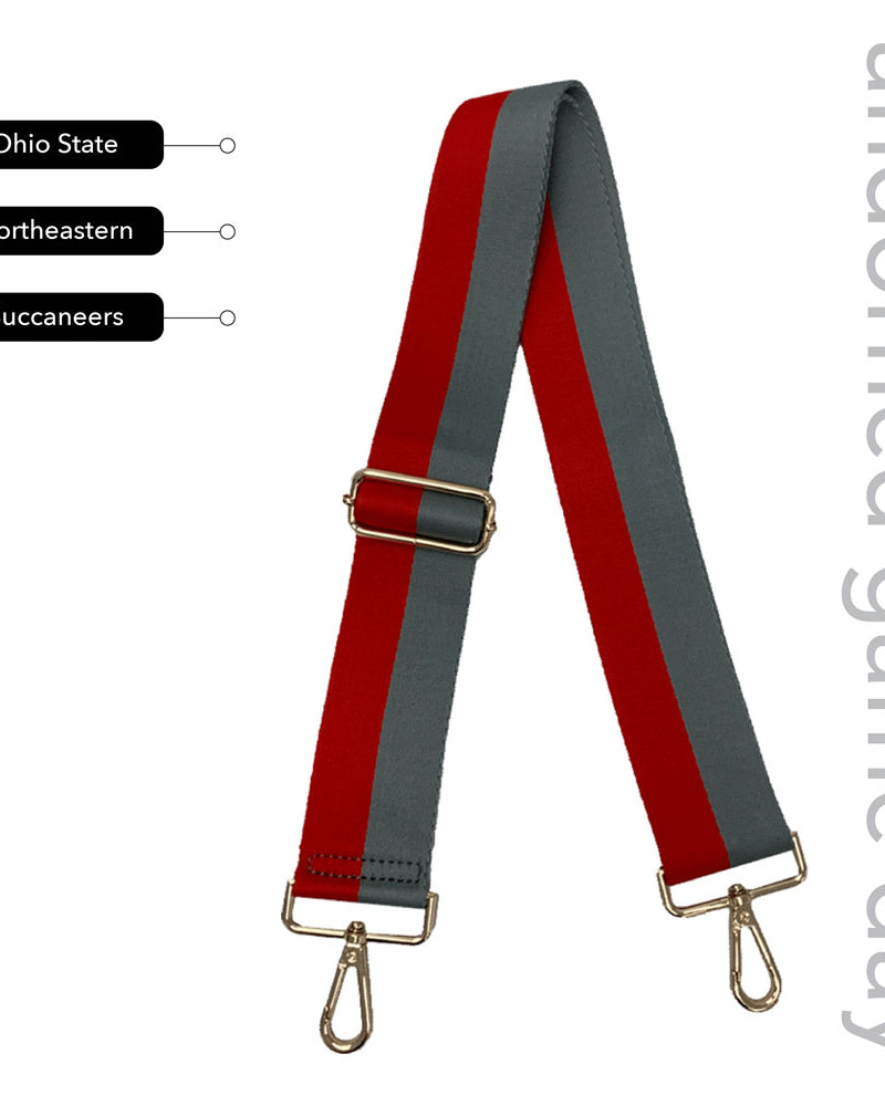 Scarlet & Grey Striped Game Day Bag Strap, text says "ahdorned game day, Ohio State, Northeastern, Buccaneers"