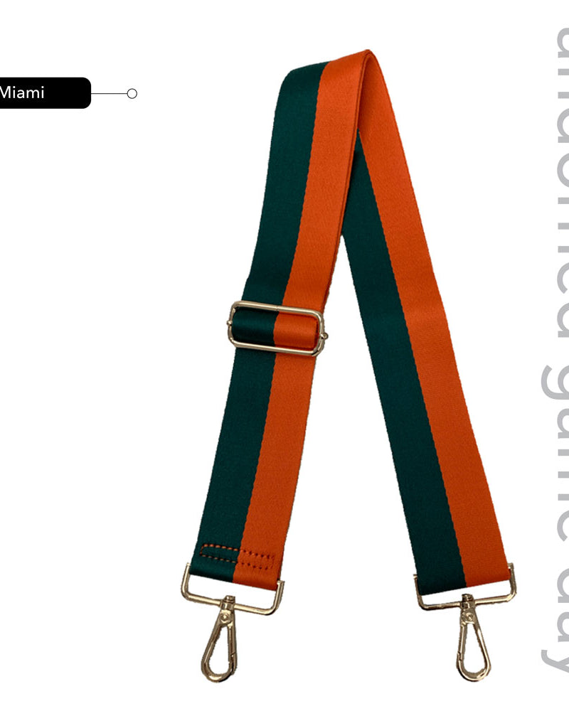 Green & Orange Striped Game Day Bag Strap, text says "ahdorned game day, Miami"
