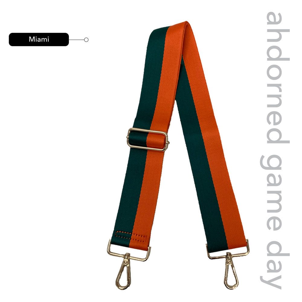 Green & Orange  Striped Game Day Bag Strap, text says "ahdorned game day, Miami"