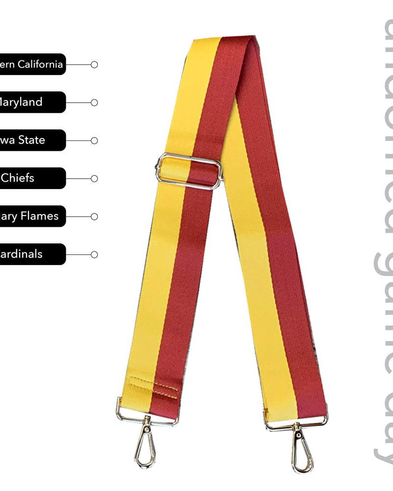 Yellow & Red Striped Game Day Bag Strap, text says "ahdorned game day, Southern California, Maryland, Iowa State, Chiefs, Calgary Flames, Cardinals"