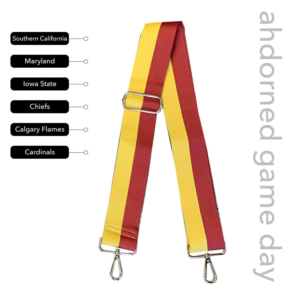 Yellow & Red Striped Game Day Bag Strap, text says "ahdorned game day, Southern California, Maryland, Iowa State, Chiefs, Calgary Flames, Cardinals"