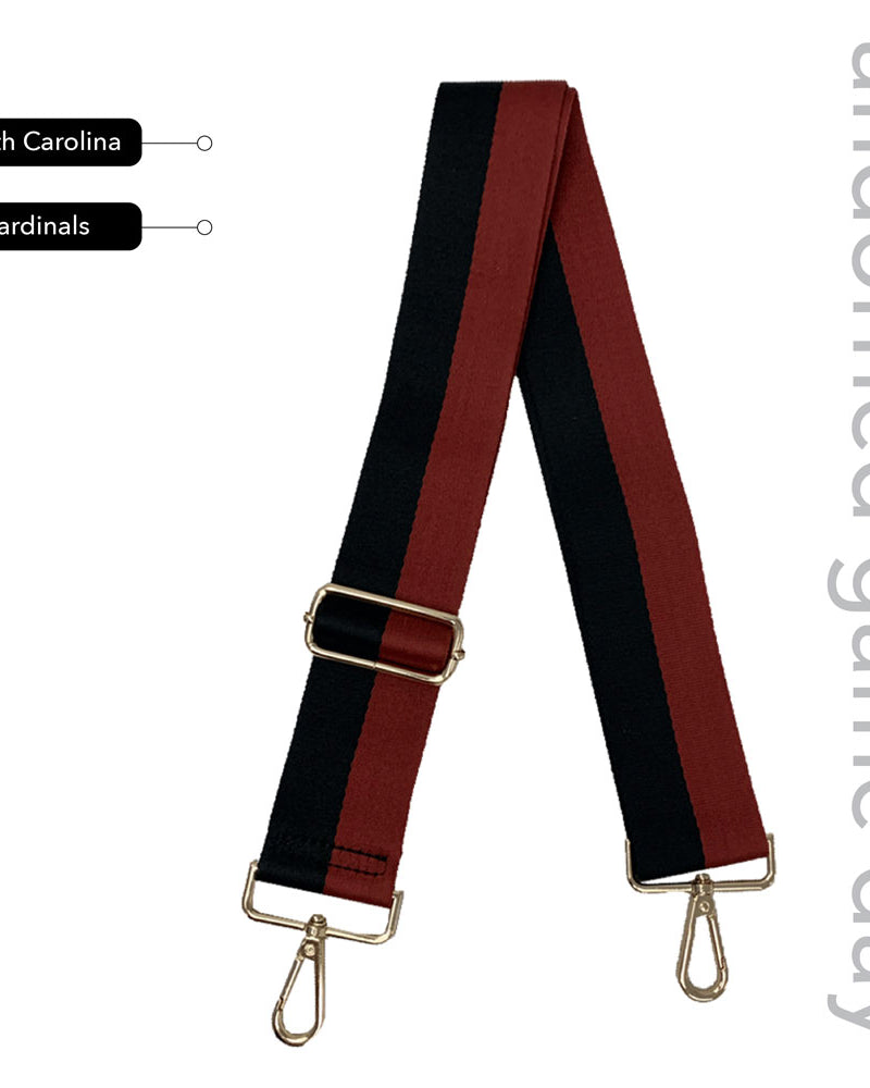 Garnet & Black Striped Game Day Bag Strap, text says "ahdorned game day, South Carolina, Cardinals"